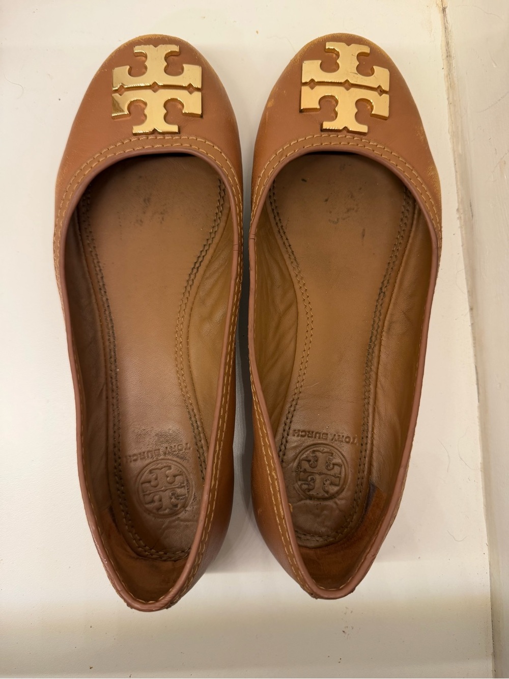 Tory Burch Brown Leather Logo Ballet Flats with Gold Emblem
